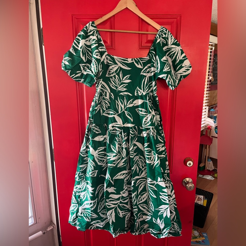 Green Leaf Print Cotton Midi Dress Size Large